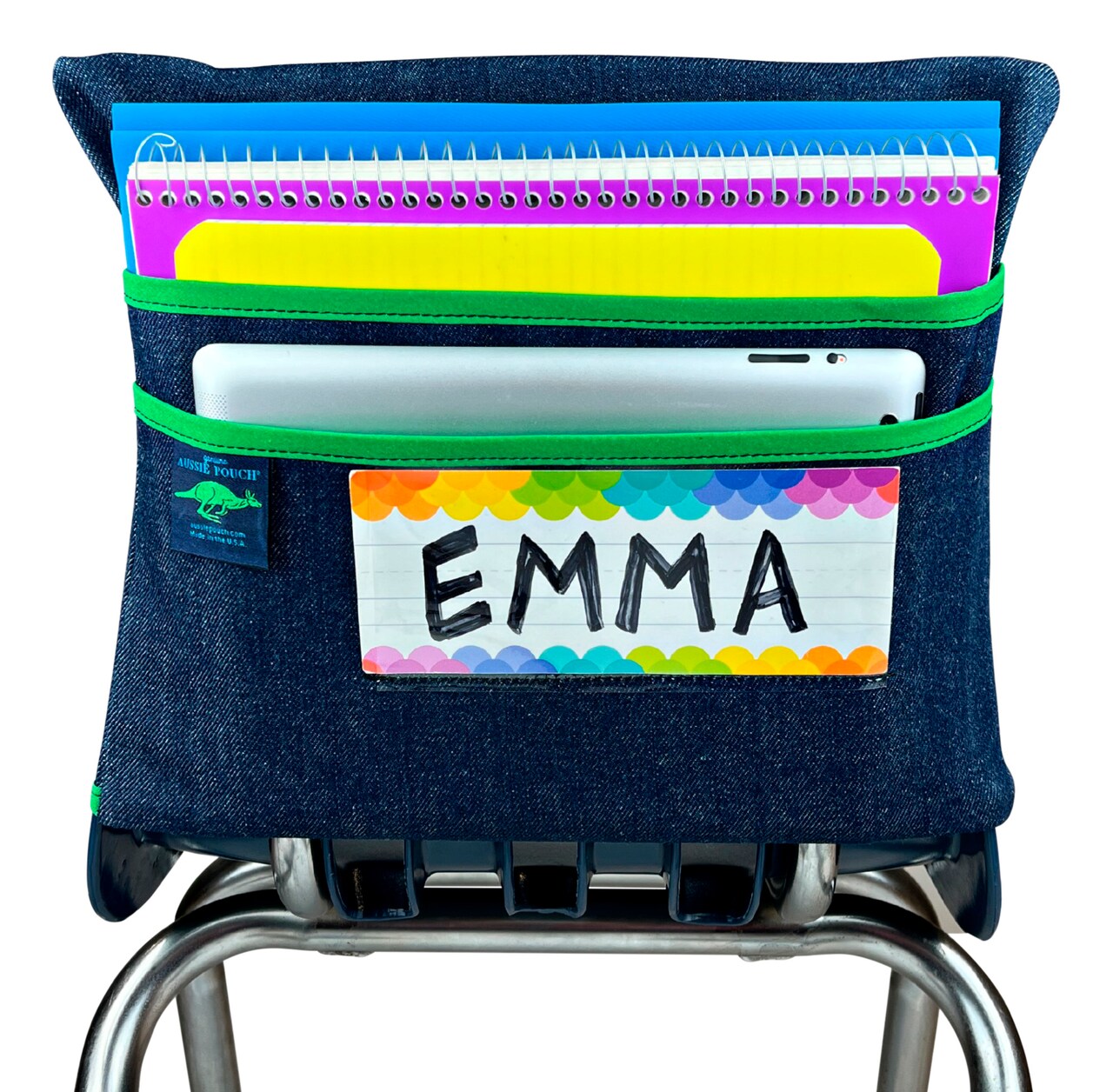Aussie Pouch Chair Pocket with Double Pocket Design and Name Tag Pocket, Medium, 15 Inches, Green Trim